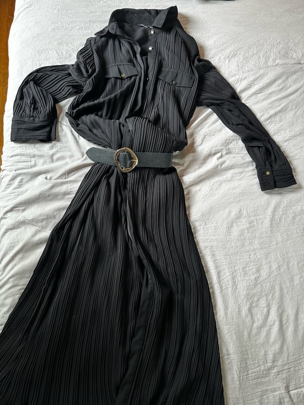 Zara Black Pleated Maxi Dress with Statement Belt